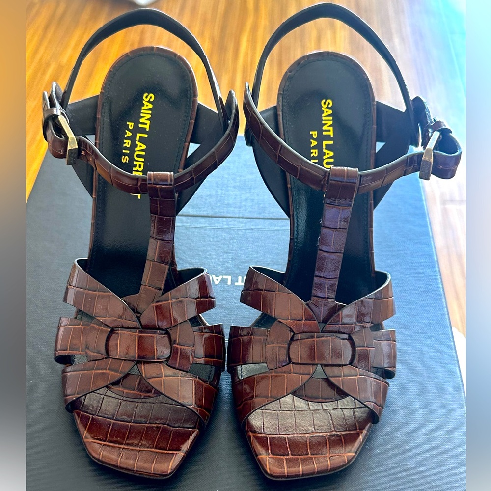 SOLD-Saint Laurent Tribute Sandal 105 Sz36.5 Brown Croc Embossed New Box Tags